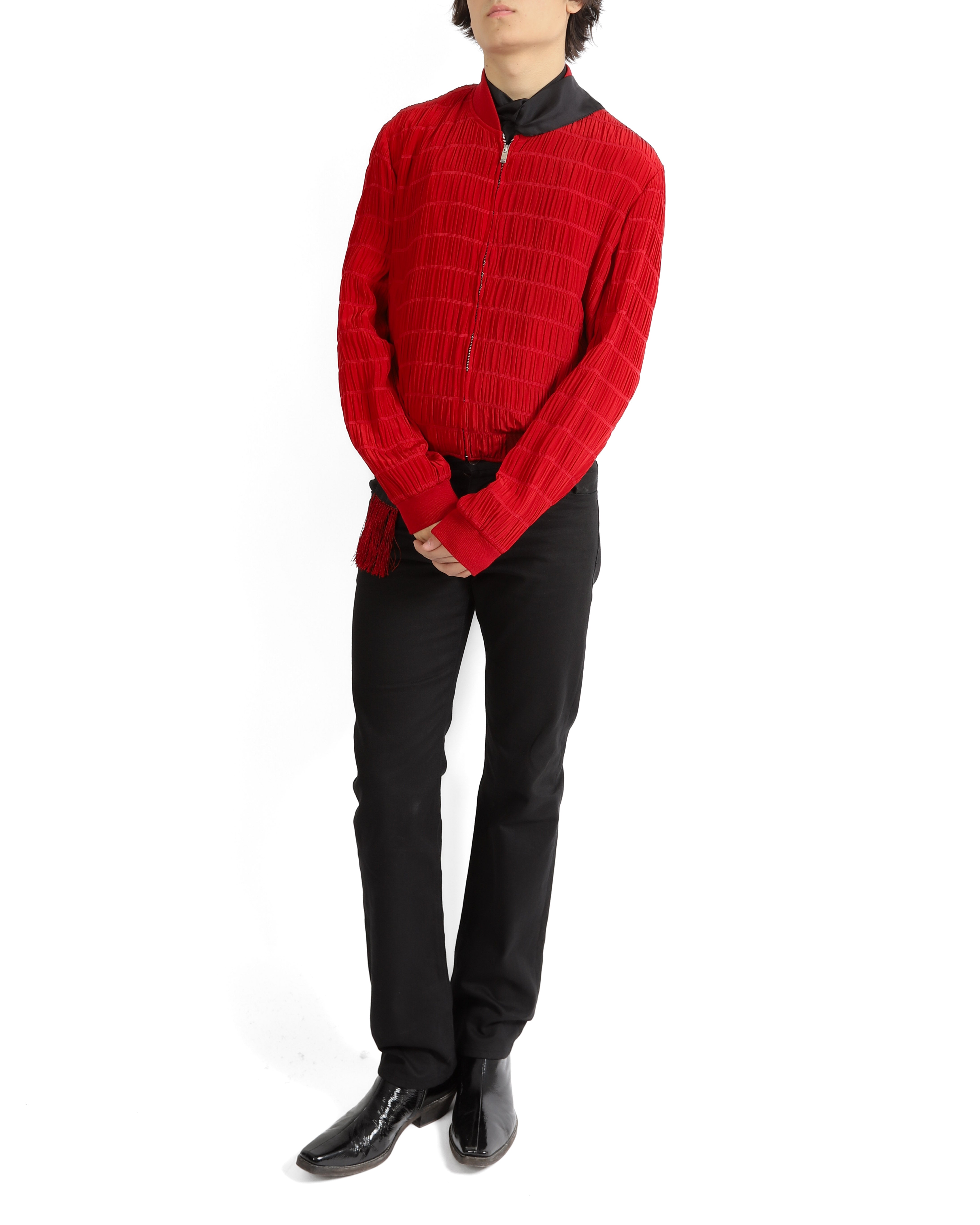 SS22 Pleated Bomber Jacket in Red Silk