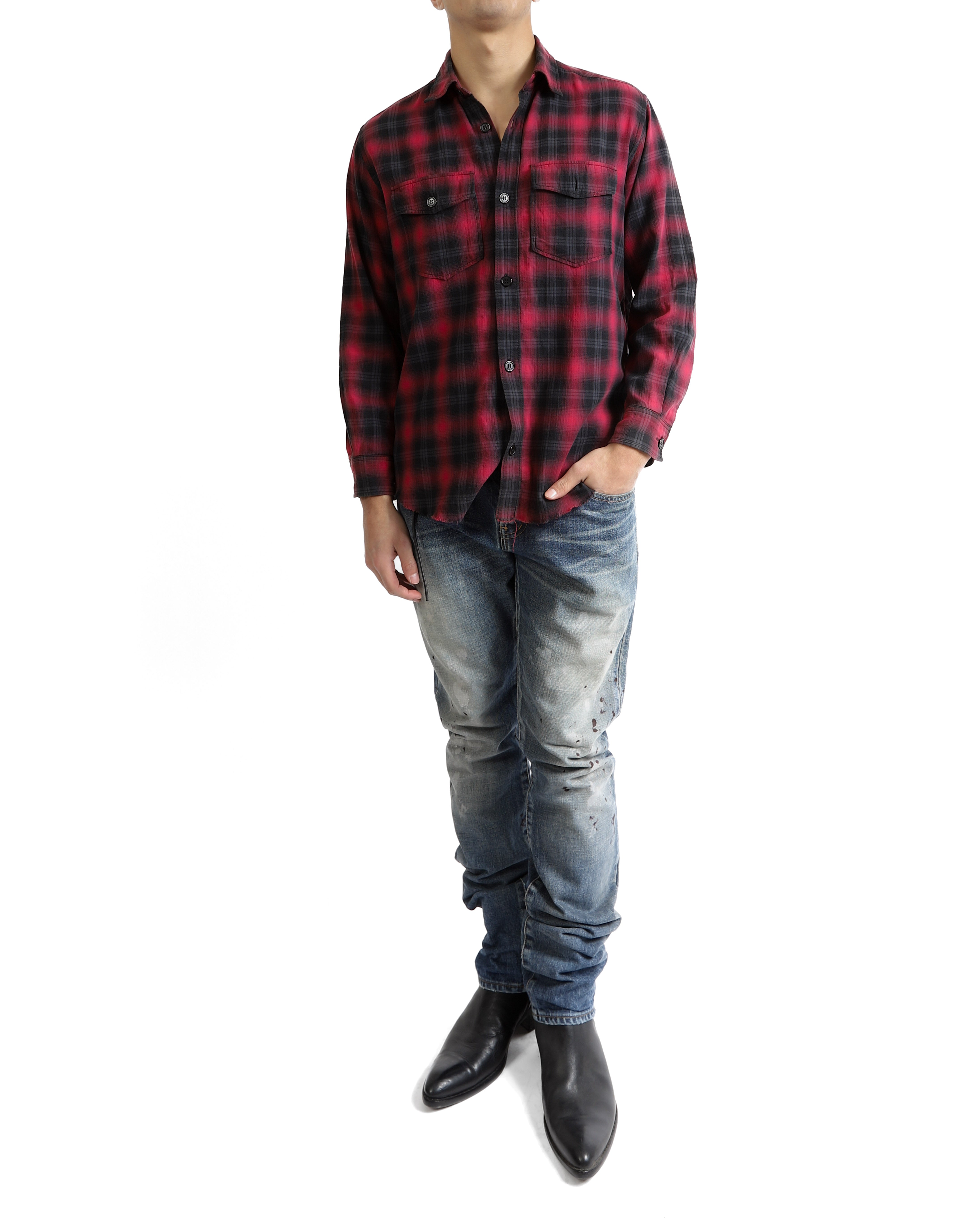 SS16 Distressed Hem Flannel in Black & Red Woool