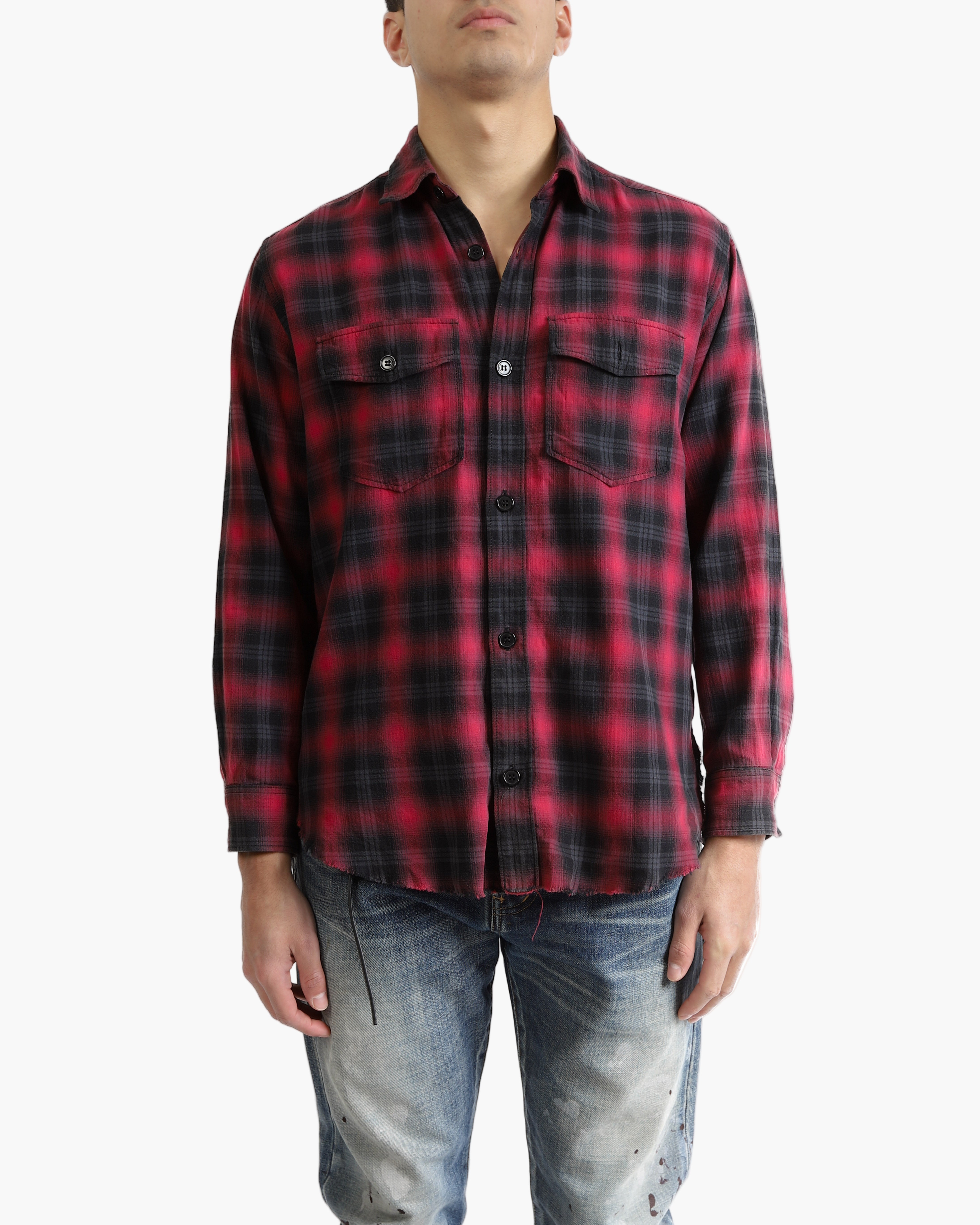 SS16 Distressed Hem Flannel in Black & Red Woool