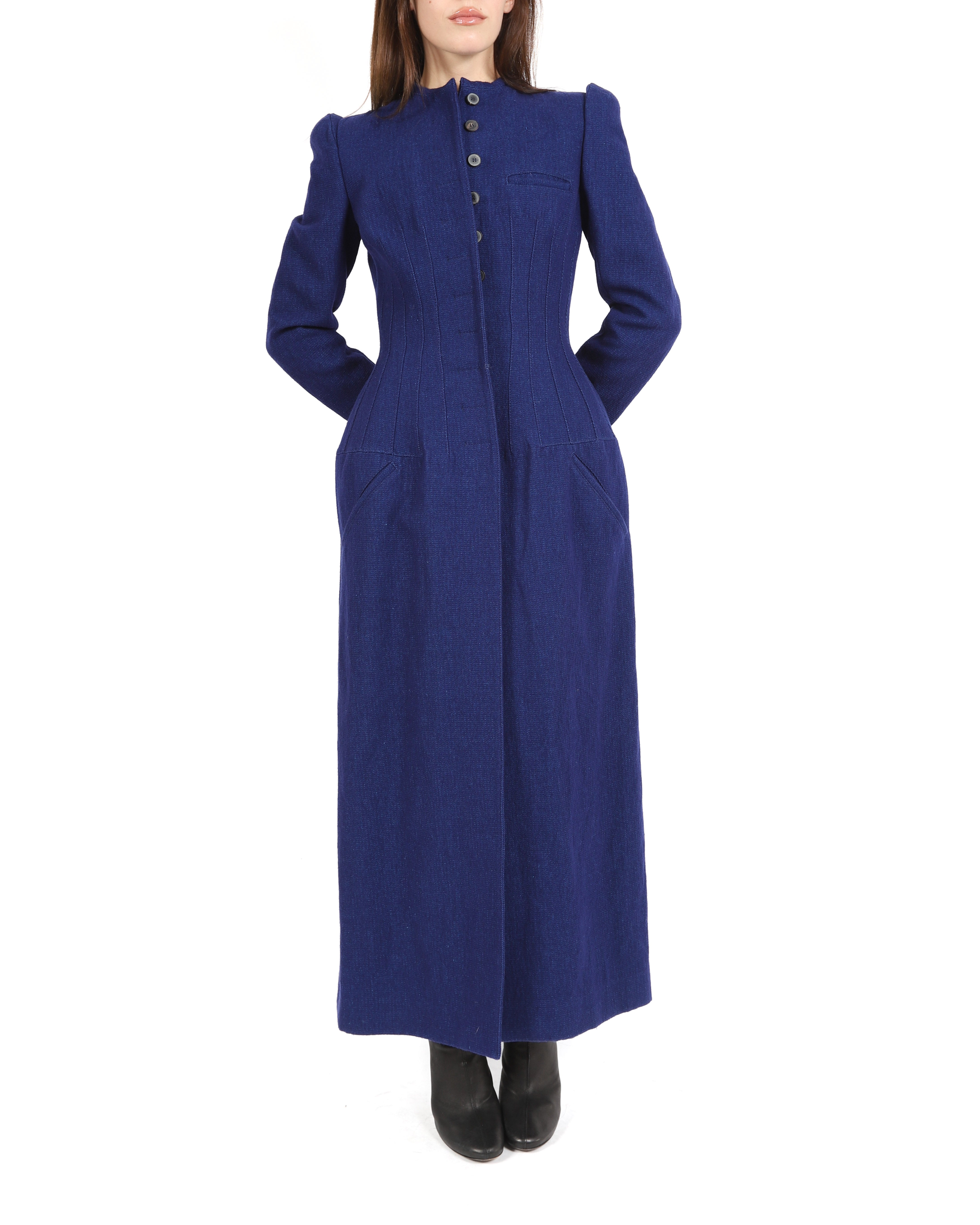 FW17 Round Shoulders Coat with Tailored Waist in Blue Wool