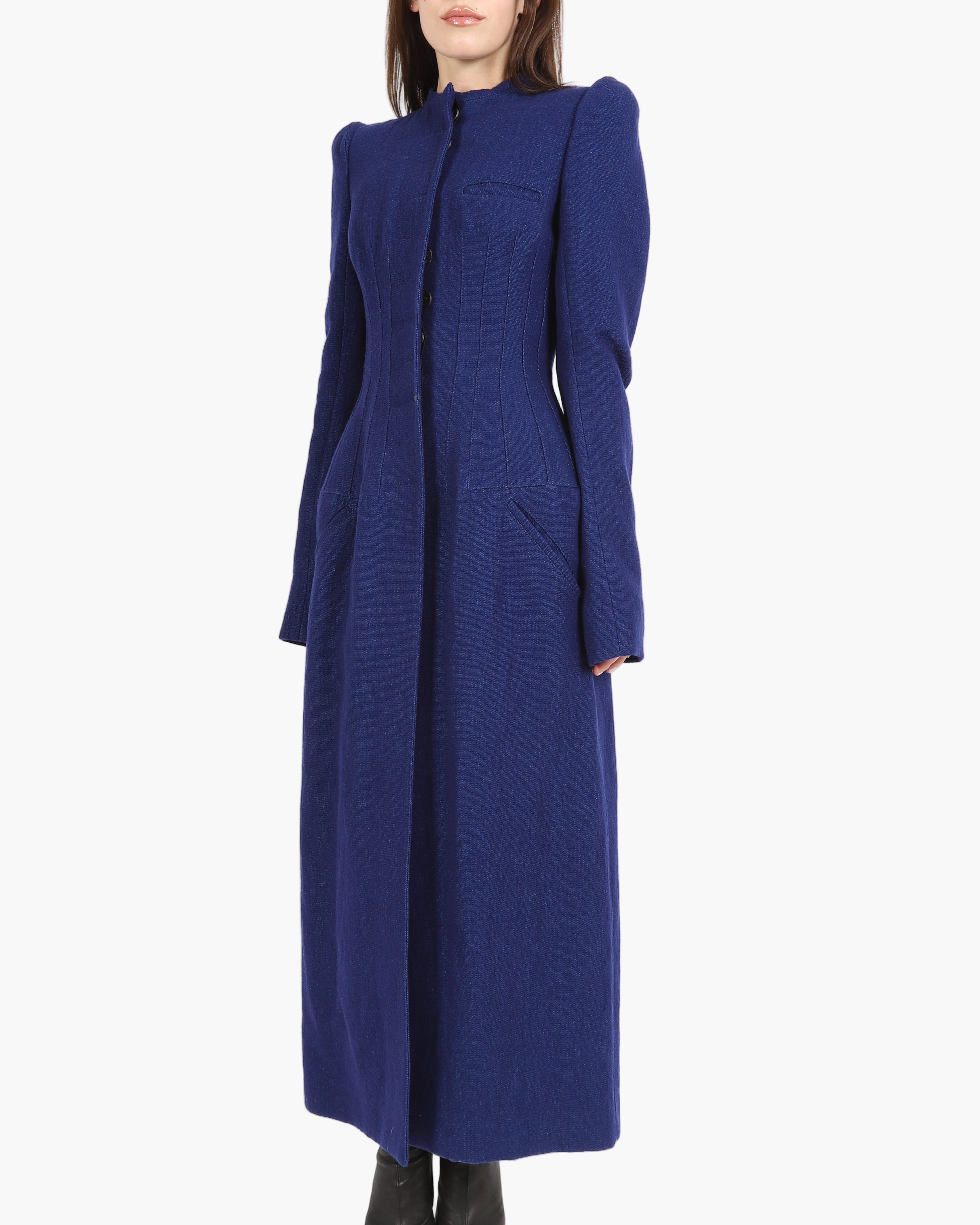 FW17 Round Shoulders Coat with Tailored Waist in Blue Wool