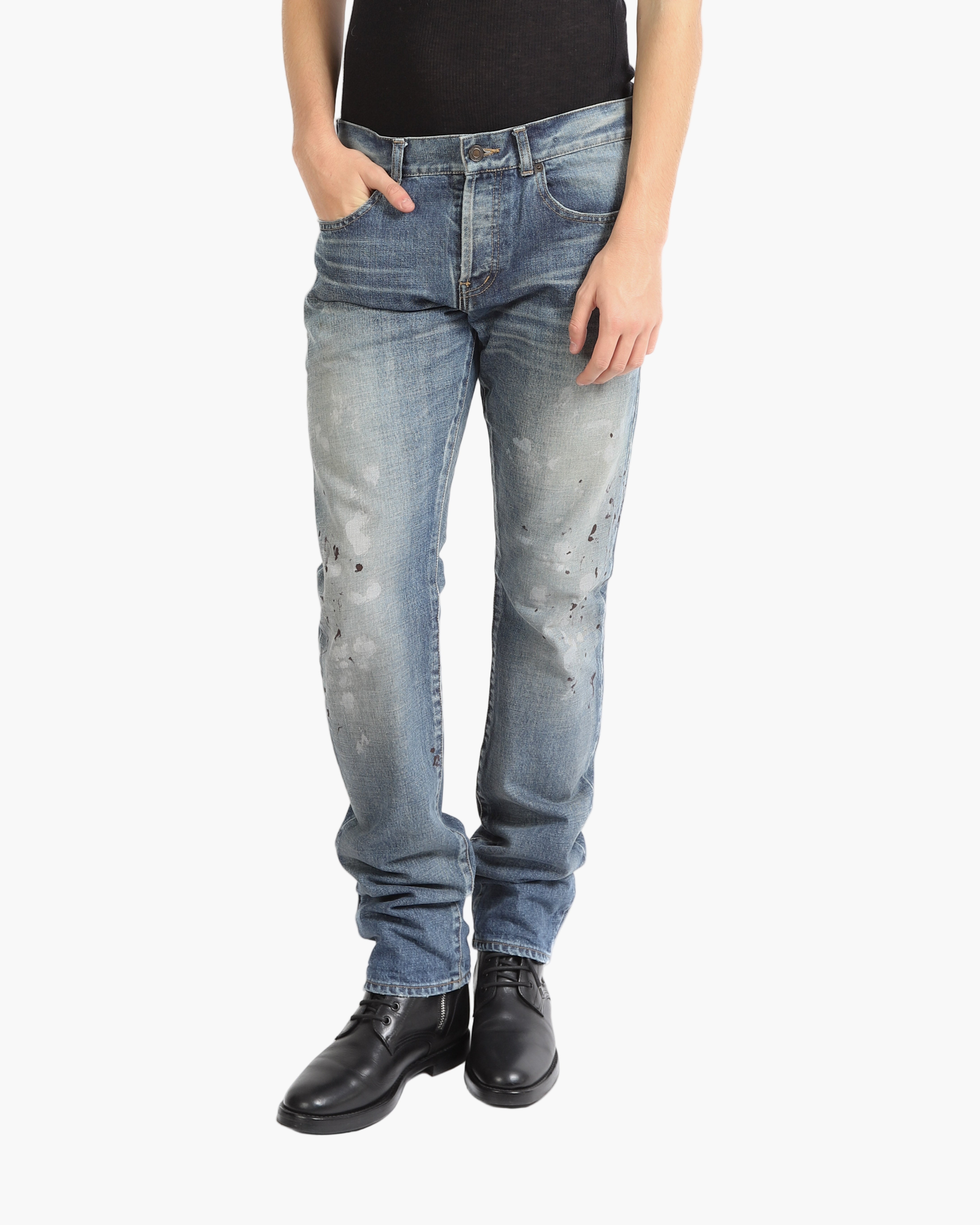 FW18 Silm Fit Paint Splatter Jeans in Washed Denim