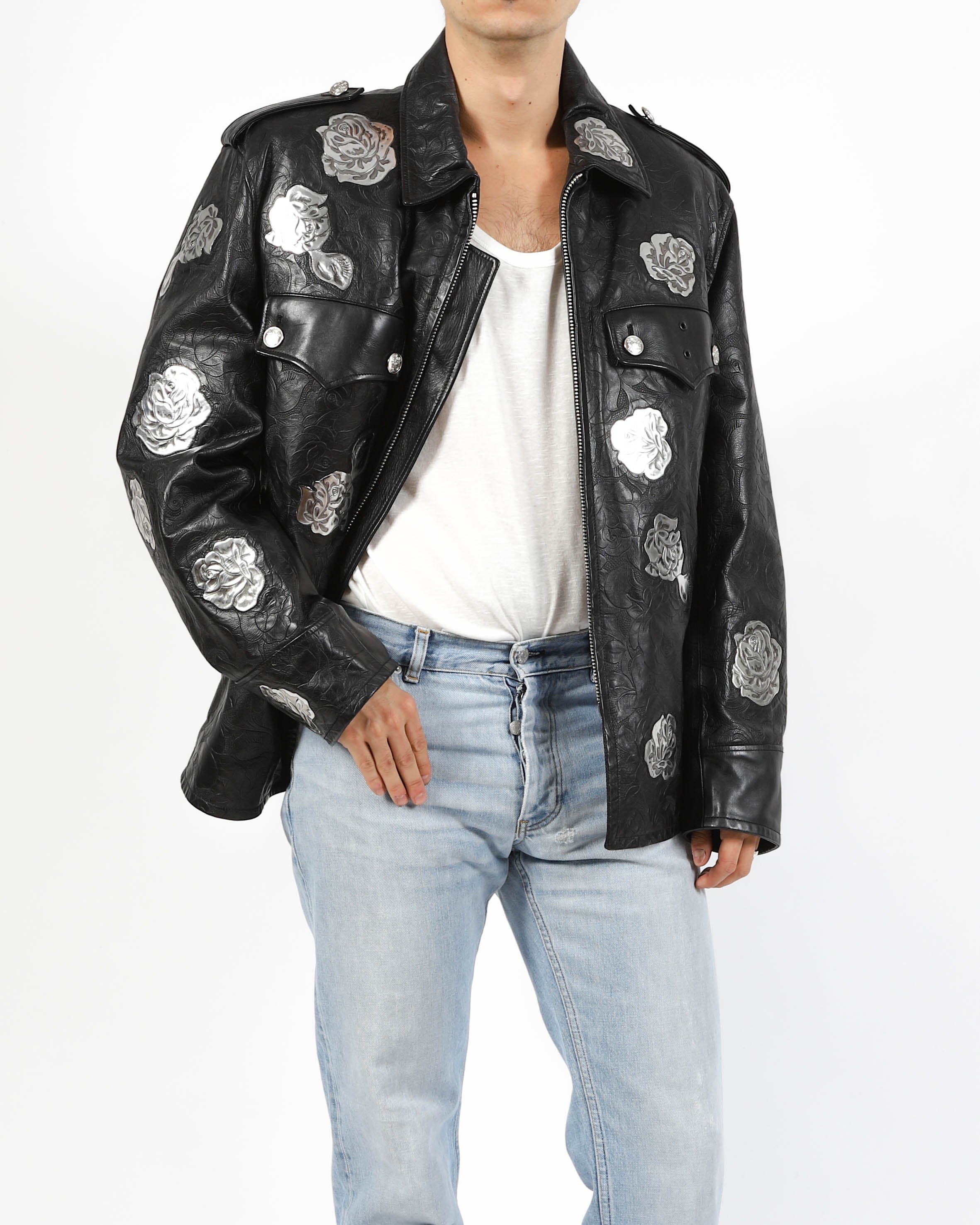 FW17 Rose Metal Appliqué Police Leather Jacket