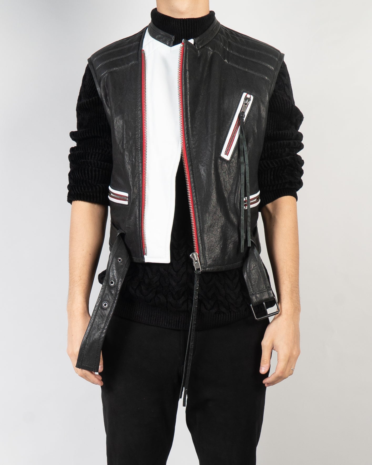 SS17 Black Leather Biker Waistcoat