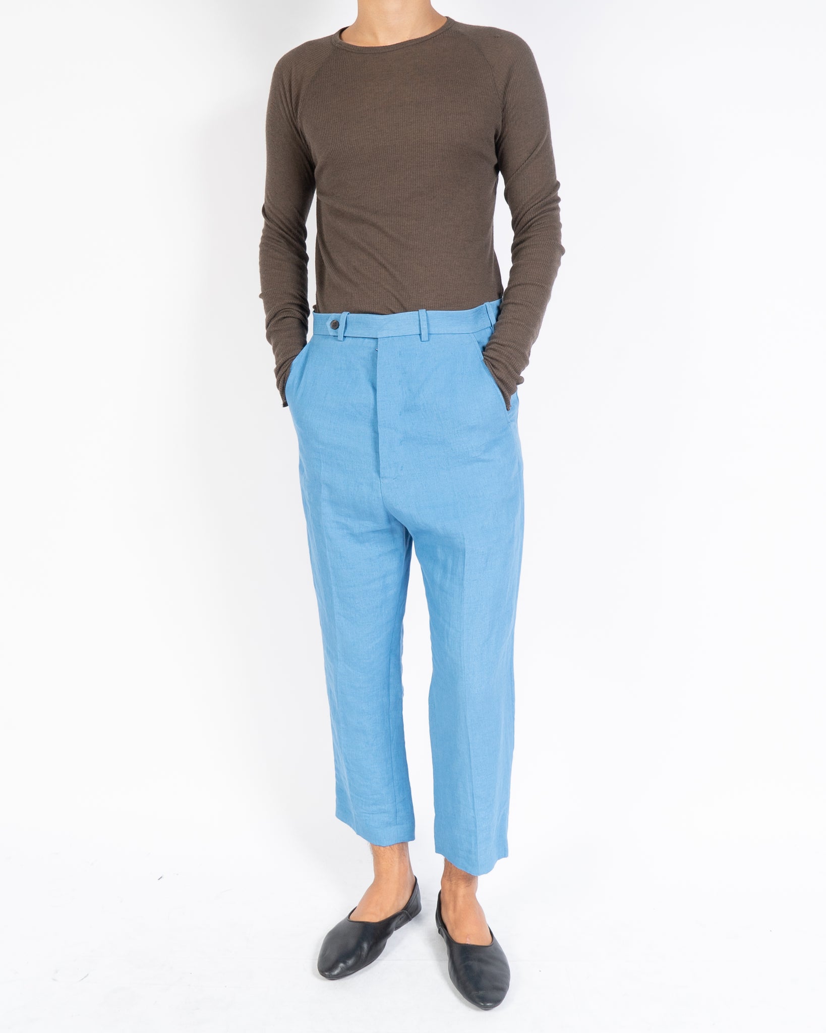 Blue linen hot sale cropped trousers