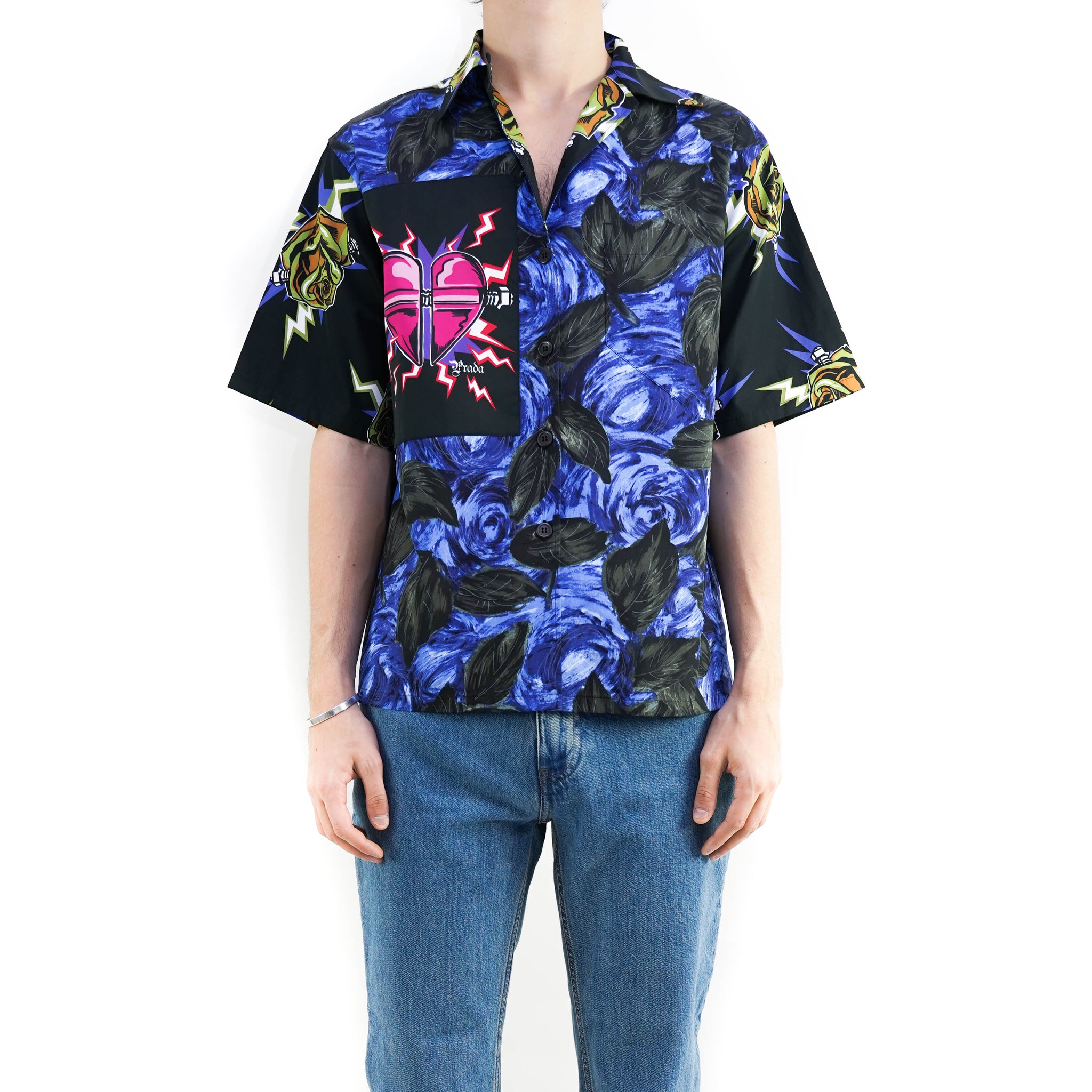 Printed Cotton Bowling Shirt in Blue - Prada