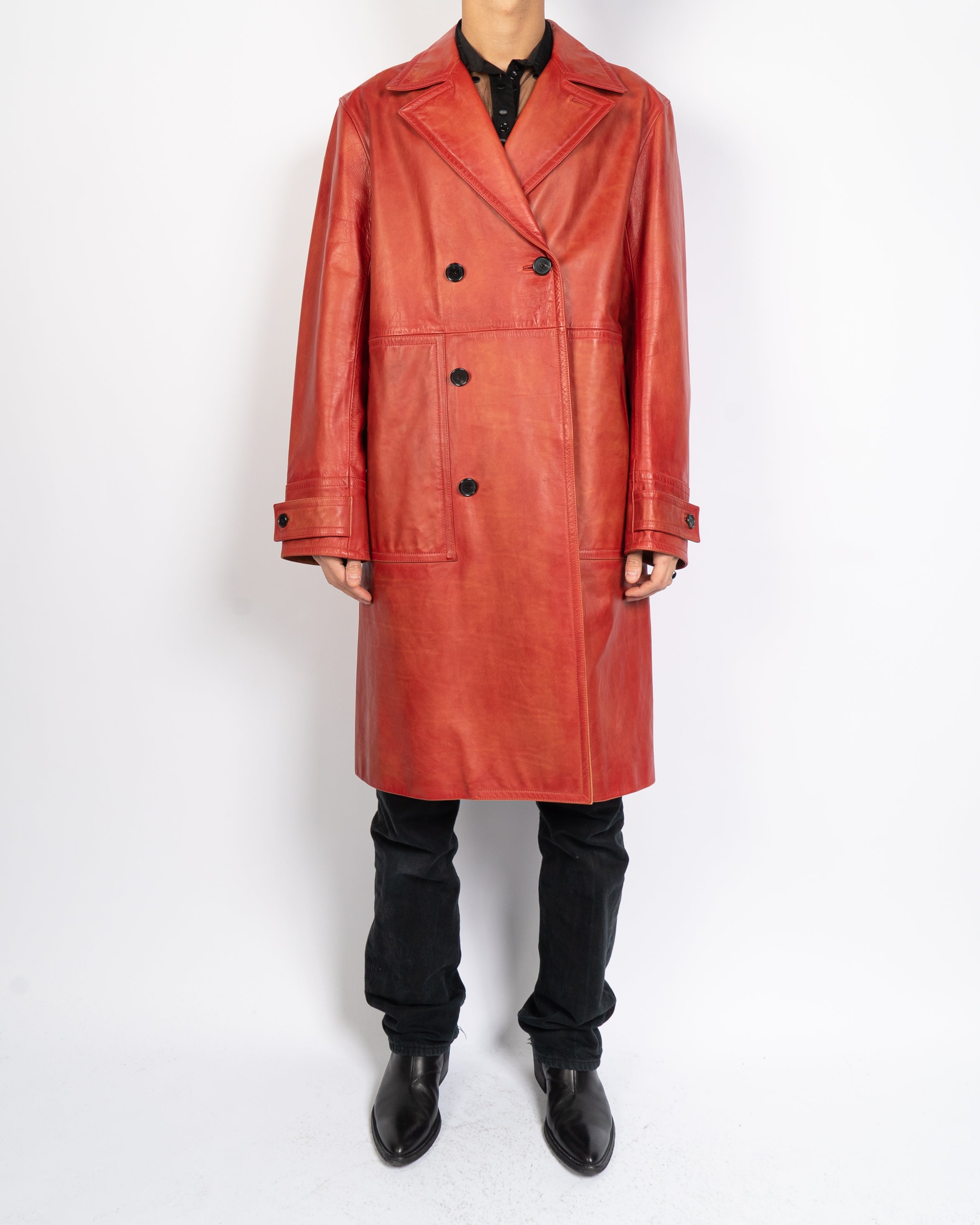 FW17 Blood Orange Painted Leather Double Breasted Coat