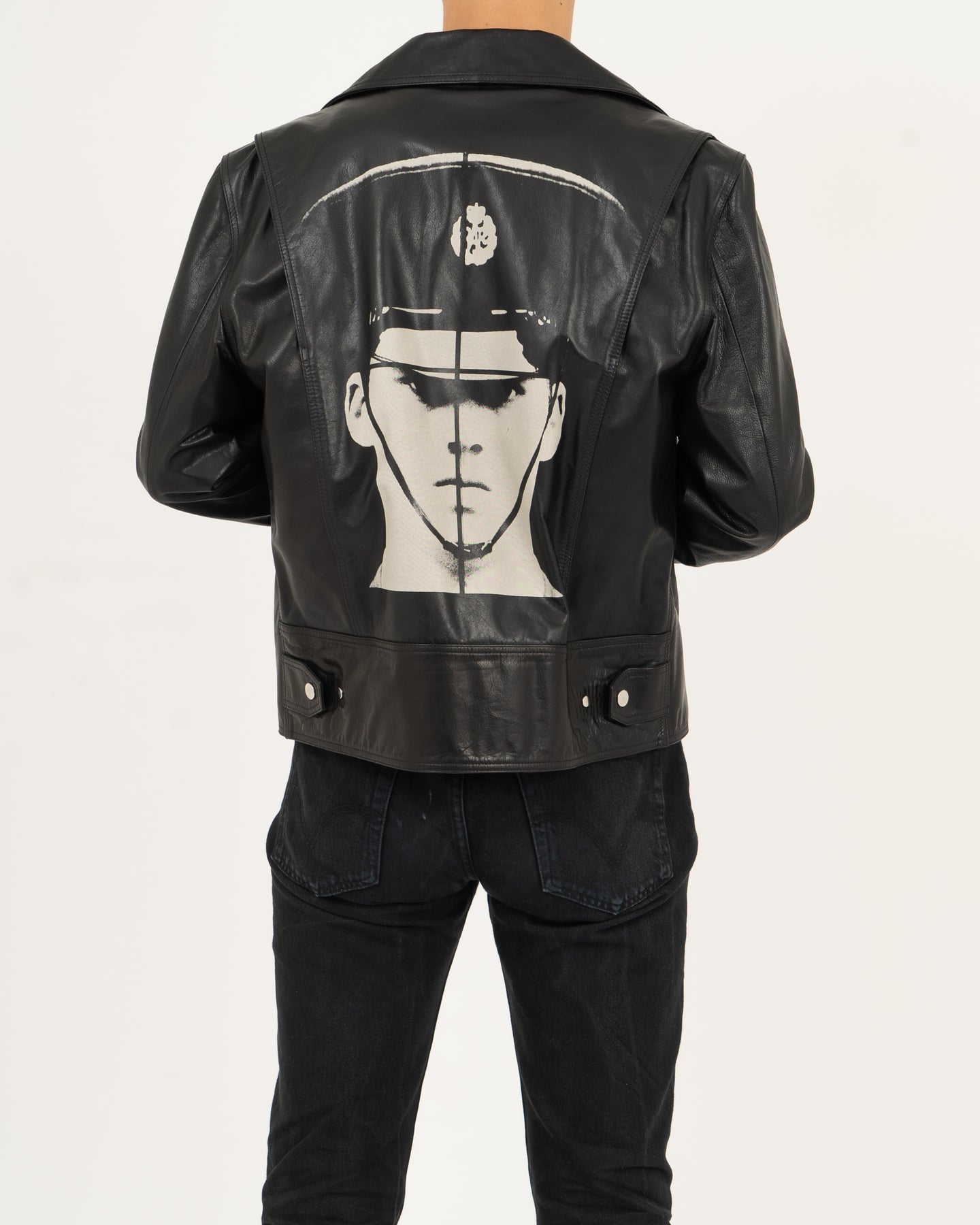 Police Man Printed Calf Leather Biker Jacket