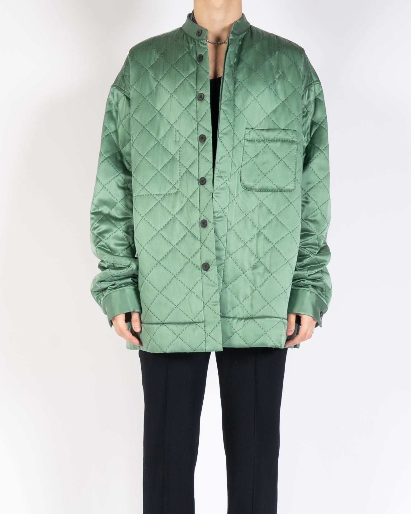 FW20 Green Satin Quilted Overshirt with Embroidery