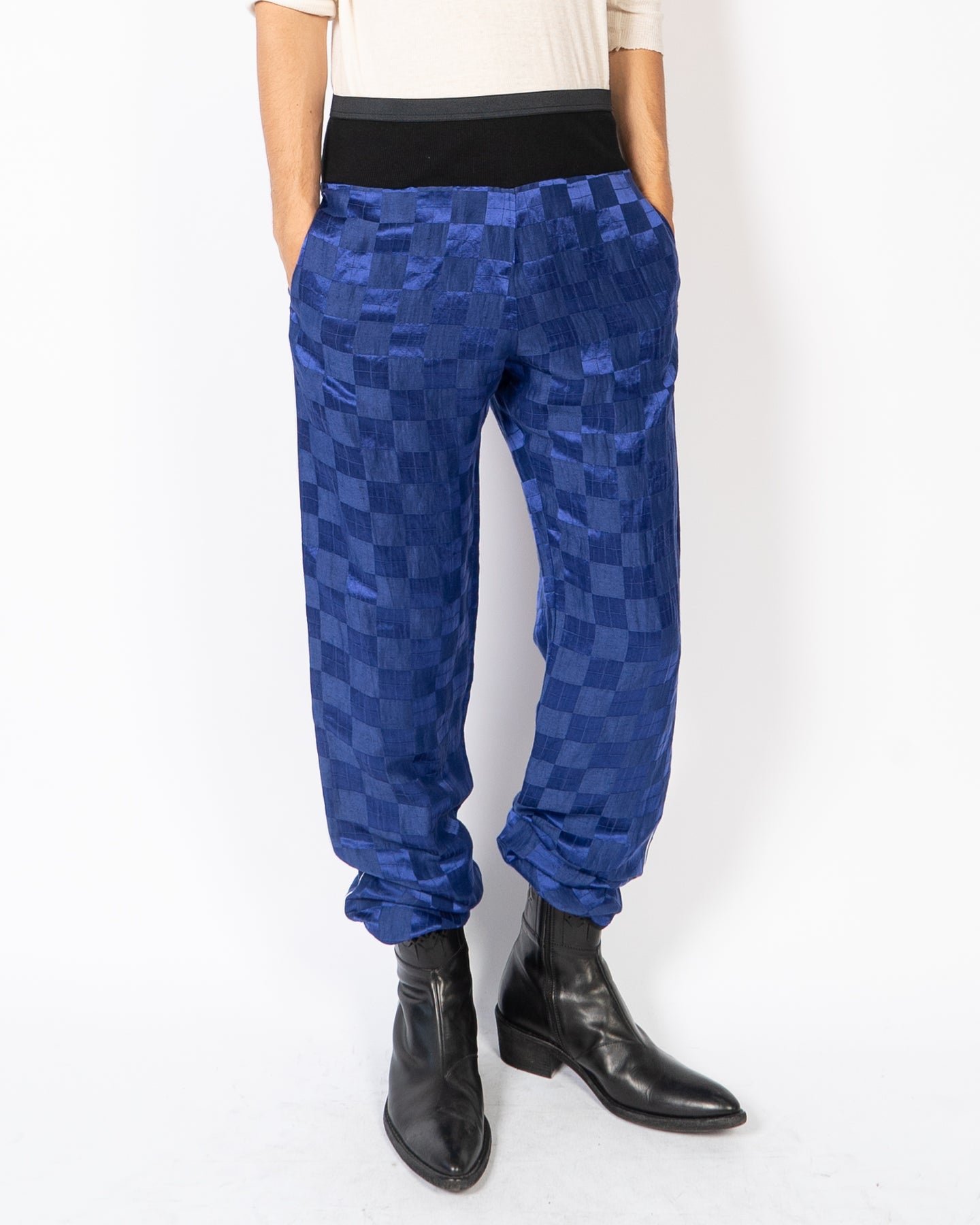 SS20 Sapeur Royal Blue Checked Silk Trousers