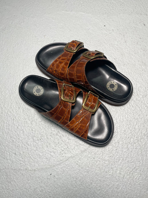 Brown Embossed Croc Leather Slip-On Sandals