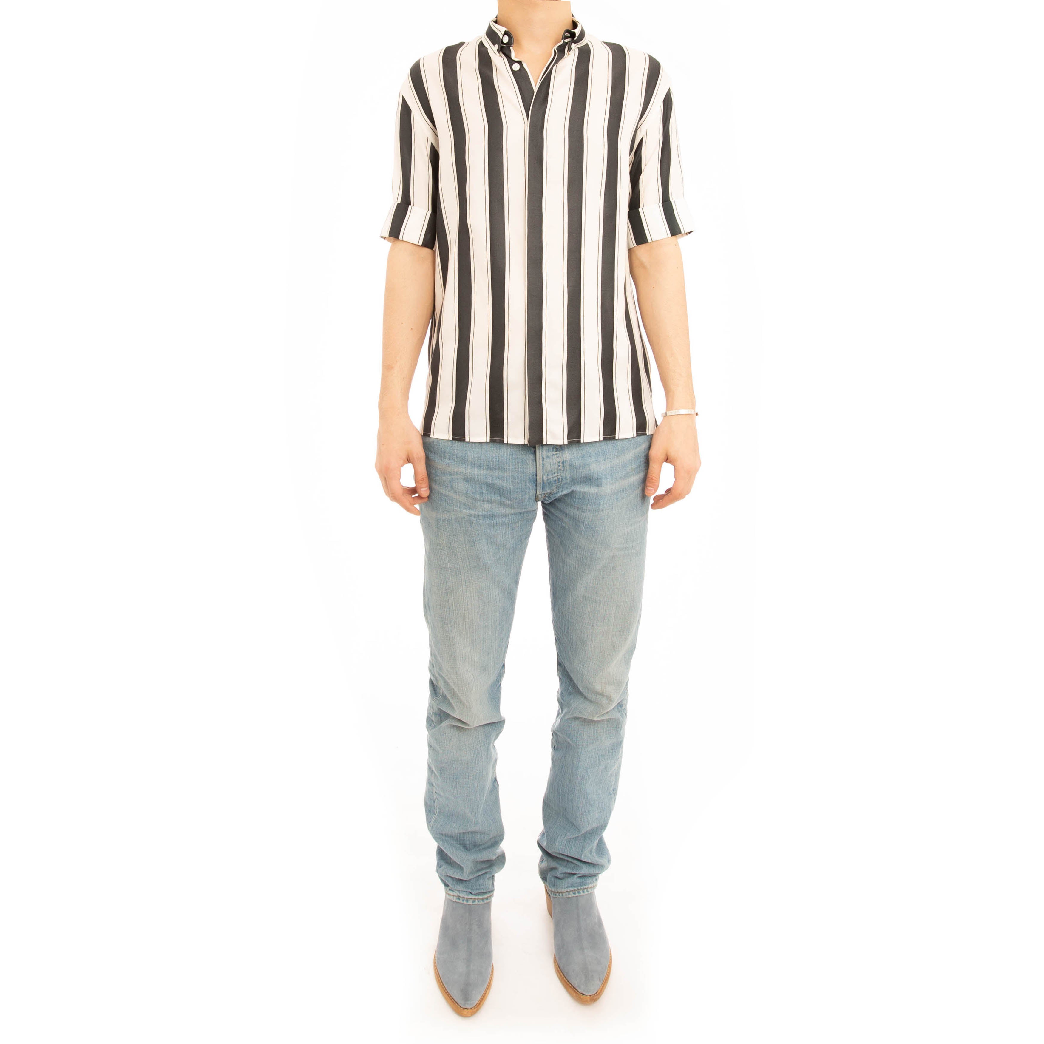 SS17 Black Striped Short-Sleeve Silk Shirt