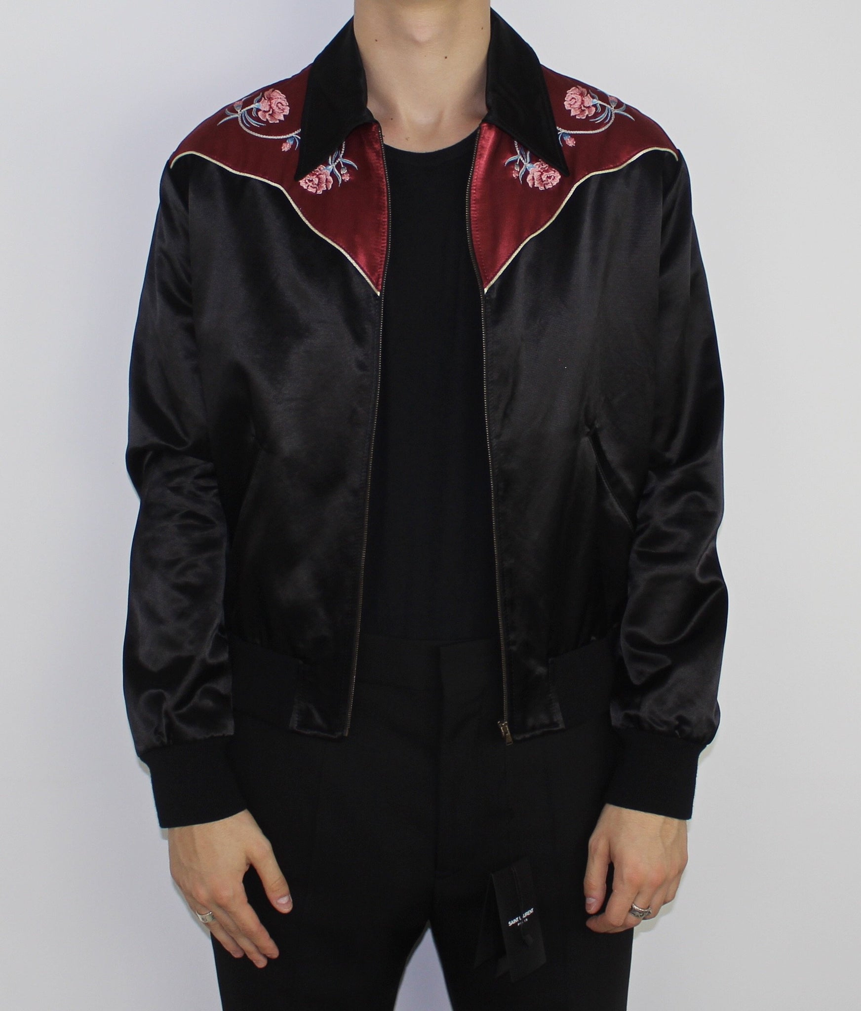 Embroidered satin bomber jacket